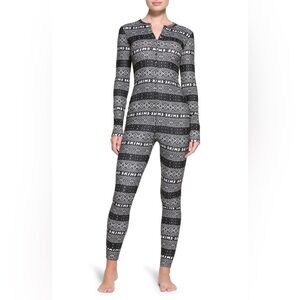 SKIMS Logo Plush Pointelle Henley Onesie - Onyx Fair Isle